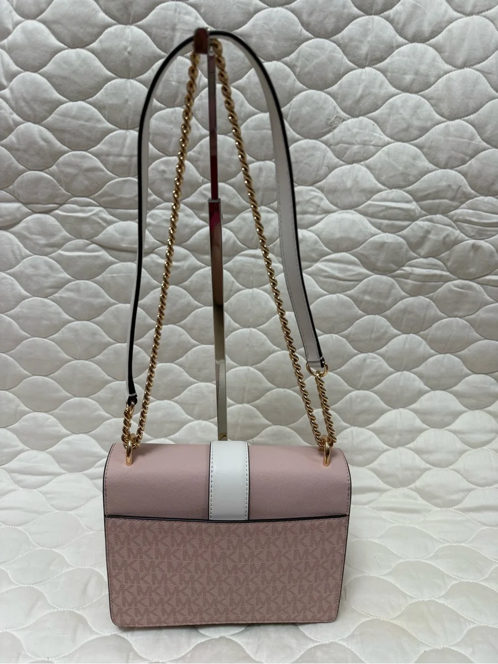 Michael Kors Blush Pink & White Leather Shoulder Bag with Gold MK Accent